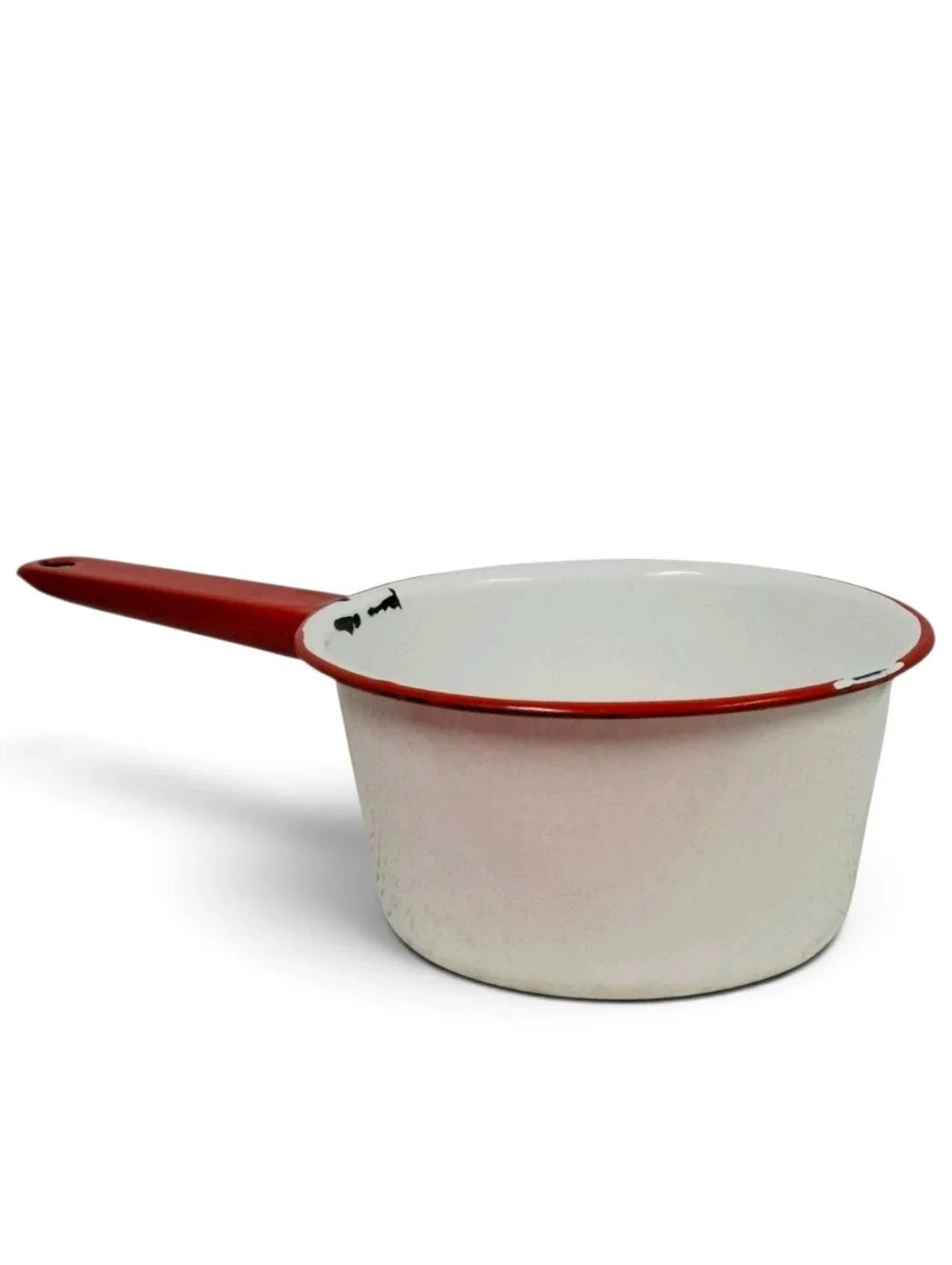 Vintage Red White Enamelware Saucepan Cookware Farmhouse Kitchen Collectible